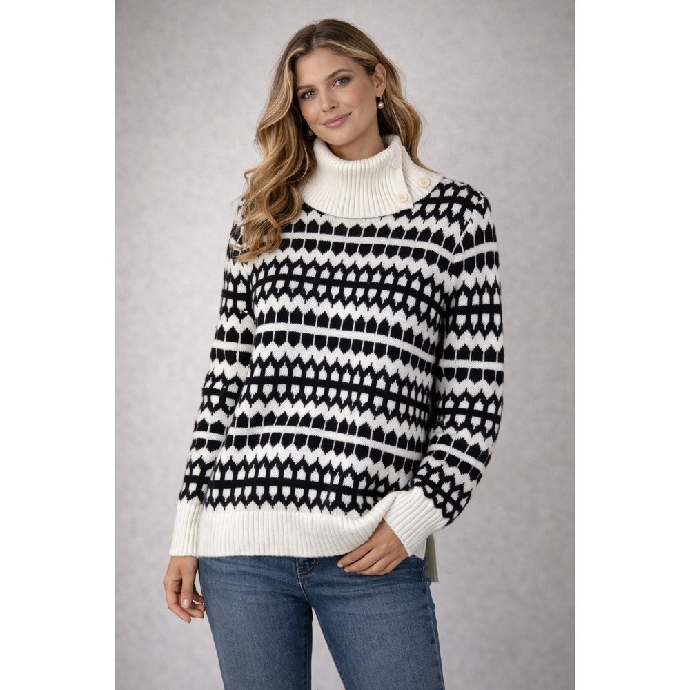 Talbots Women Sweater Black White Geometric Button Turtleneck LP Large Petite